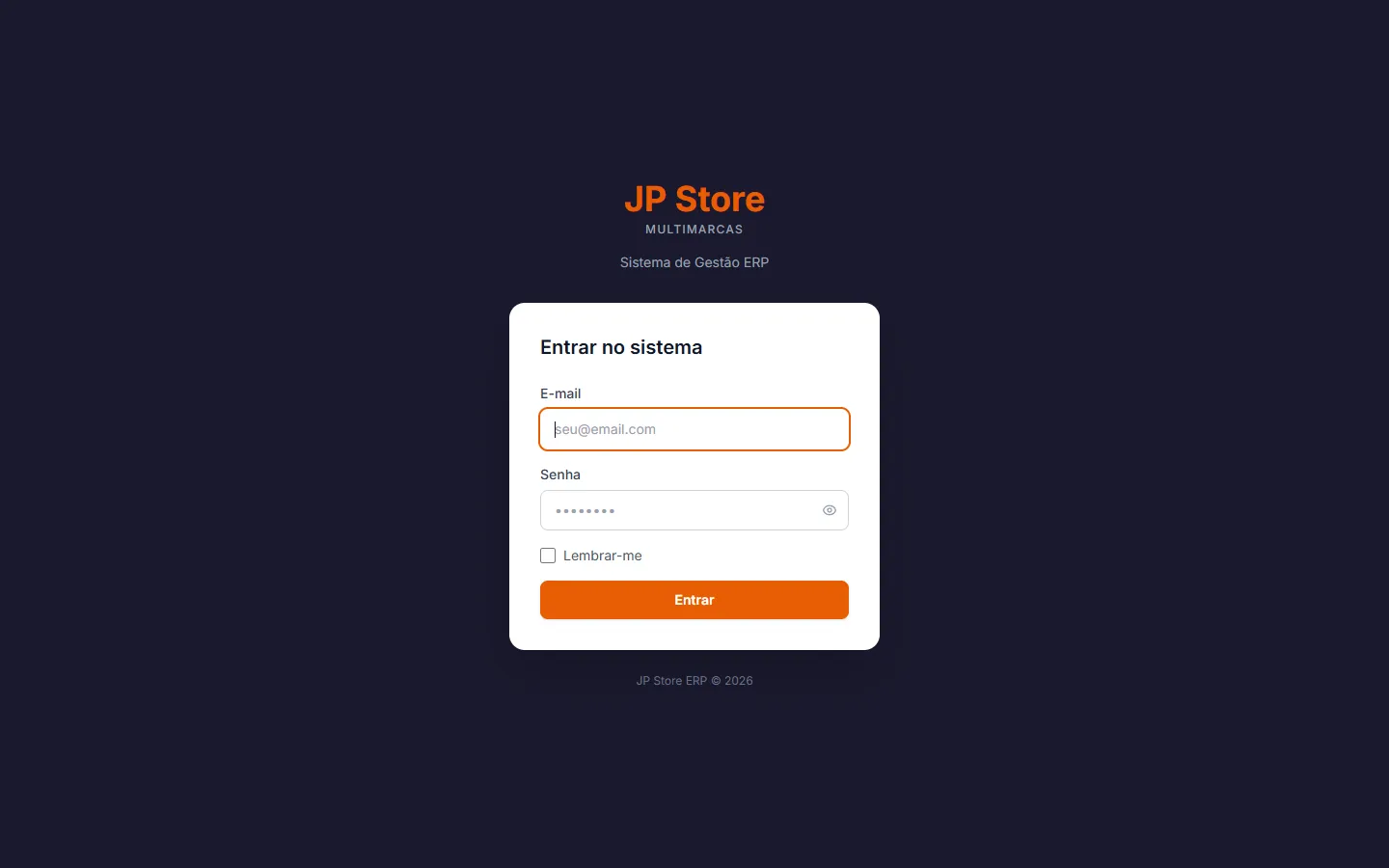 Schermata di accesso del gestionale di JP Store Multimarcas
