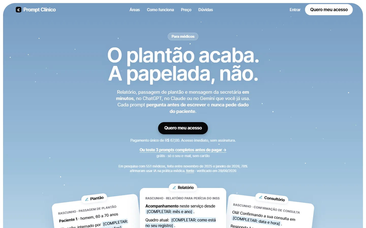 Pagina di vendita di Prompt Clínico, prompt per medici
