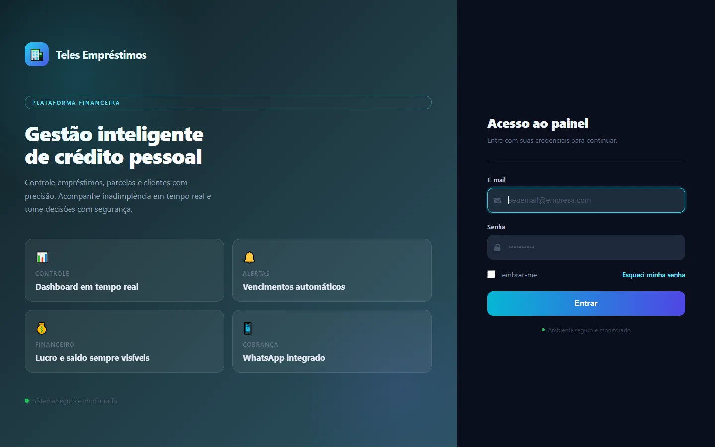 Schermata di accesso della piattaforma Teles Empréstimos