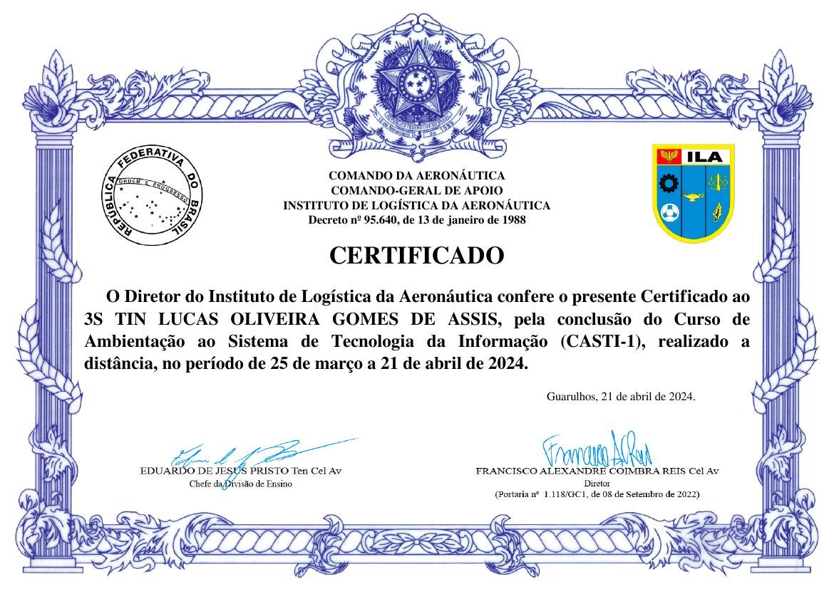 Prévia do certificado: Curso de Ambientação ao Sistema de TI
