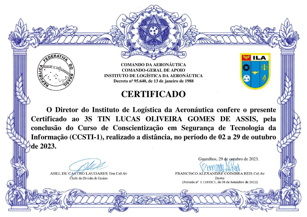 Prévia do certificado: Curso de Conscientização em Segurança de TI