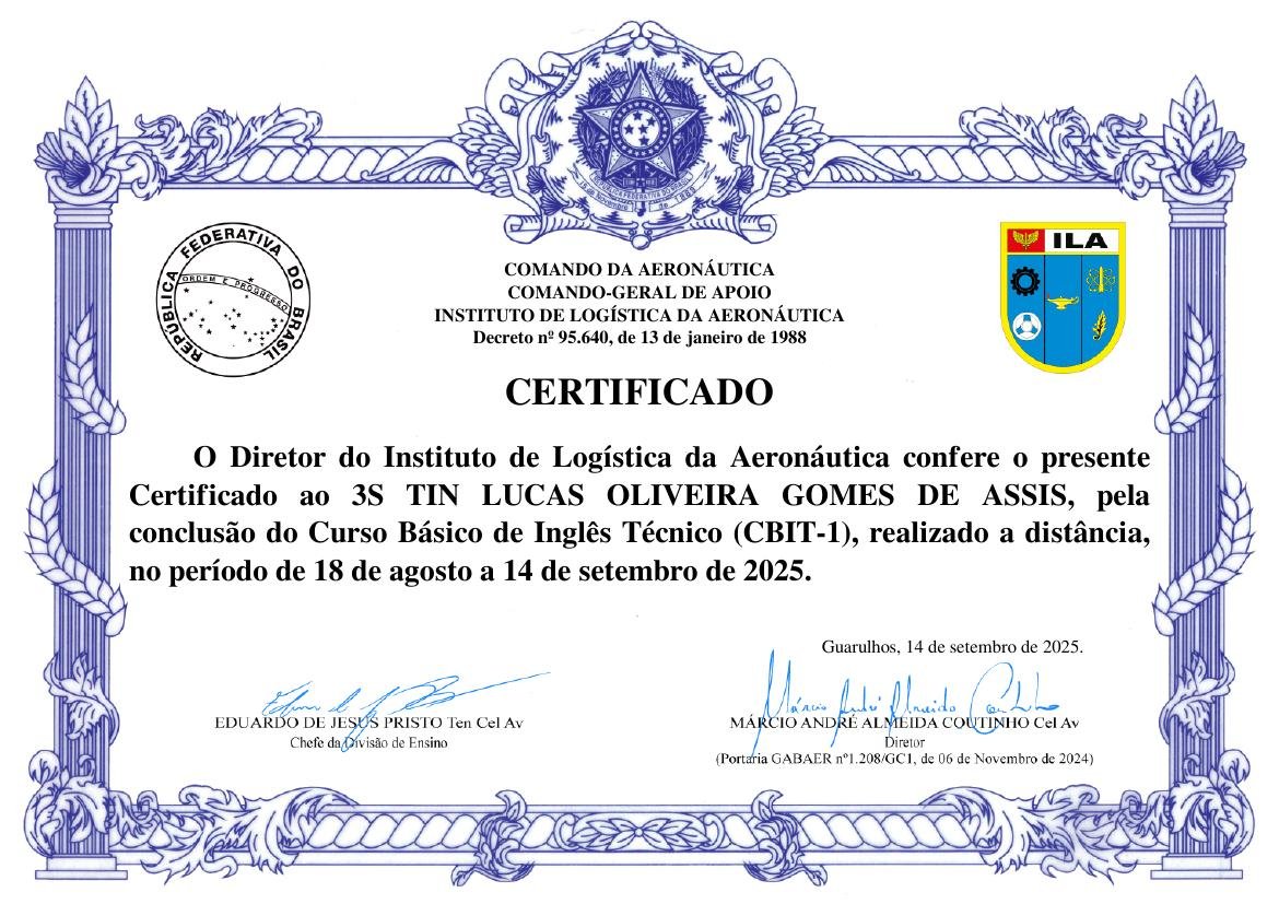 Prévia do certificado: Curso Básico de Inglês Técnico