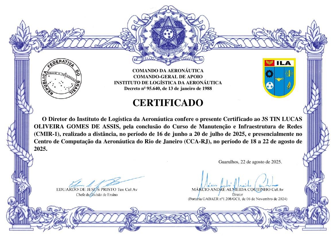 Prévia do certificado: Curso de Manutenção e Infraestrutura de Redes