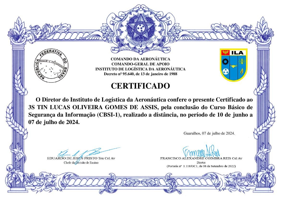 Prévia do certificado: Curso Básico de Segurança da Informação
